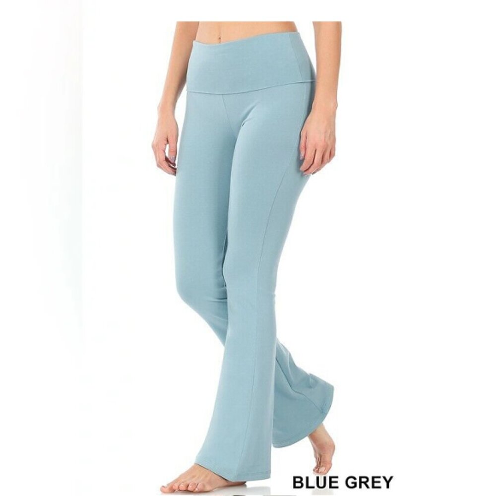 ZENANA PLUS PREMIUM COTTON FOLD OVER YOGA FLARE PANTS BLUE GRAY S-M-L-…